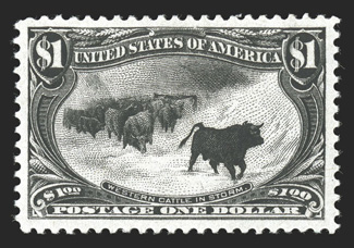292, $1.00 Trans-Mississippi, an especially handsome mint example of this always popular high value commemorative, possessing intense rich color and a razor-sharp impression on
bright white paper, plus it is remarkably well centered within uncha