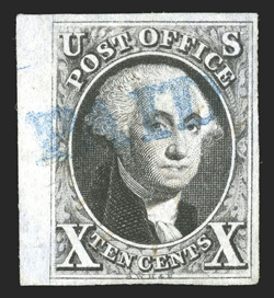 2, 10c Black, an especially handsome left sheet-margin single, other margins full and even, extraordinarily bright and fresh, with strong detailed impression on pristine paper,
cancelled by a complete blue PAID straight line, extremely fin