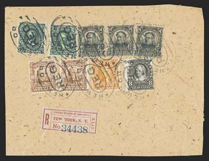 313, $5.00 Dark green, two choice singles used on an extraordinarily handsome large piece of a registered parcel, along with a single 8c Violet black (306), two 10c Pale red
brown (307), a 50c Orange (310), and a single and horizontal pair of