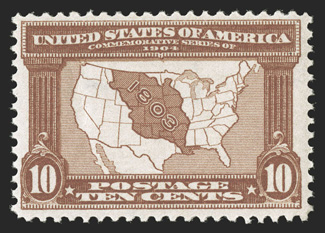 327, 10c Louisiana Purchase, brilliantly rich color and a sharp impression, o.g., n.h., very fine 1987 PF certificate and a 2008 PF certificate (VF 80).