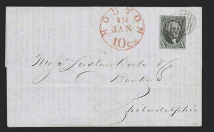 2, 10c Black, ample to large margins around except just touching the frame line at top right, crisp impression, tied by black grid on folded printed The Bankers Magazine for
1849-50 to Philadelphia, red Boston 10cts Jan. 18 c.d.s., ligh