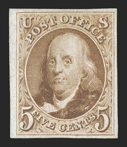 3, 5c Red brown reproduction, without gum as issued, select example, four large to huge margins, vivid rich color and a razor-sharp impression on fresh paper, extremely
fine.