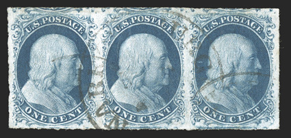 7, 1c Blue, Ty. II, a magnificent horizontal strip of three, positions 56-58R2, with the right stamp showing both a double transfer and a small plate crack at top right, lavish
and perfectly balanced margins all around, deep luxuriant color