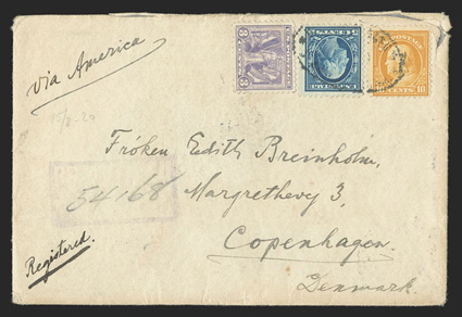 537, 3c Victory, single tied along with 5c Blue (504) and 10c Orange Yellow (510) by light strike of oval U.S. Postal Agency, Shanghai, ChinaReg postmark to registered cover to
Copenhagen, Denmark, negative registry handstamp, U.S. Post