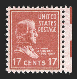 822, 17c Rose red, superb right sheet-margin single, absolutely perfect centering within wide margins, deep vibrant color, o.g., n.h., extremely fine gem one of the most
difficult values of the series to find highly graded 2009 PSE certificate