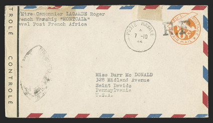 UCM3, 6c Orange die 3 entire with R.F Ty. d handstamp, UC6 with air mail border from a gunner on board the warship Montcalm to Miss. McDonald in St. Davids, Pa., clear Poste
Navale7-10, 44 postmark and French censor tape at left tied b