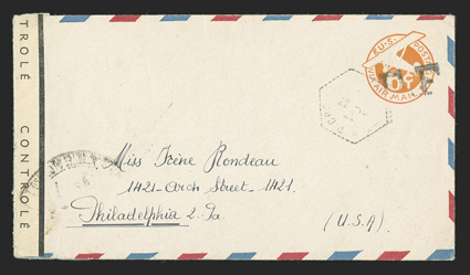 UCM3, 6c Orange die 3 entire with R.F Ty. d handstamp, UC6 with air mail border from a sailor on board the cruiser Emile Bertin to Miss Irene Rondeau in Philadelphia, Pa.,
hexagonal ships cancel dated 22-10, 44 and French censor tape at