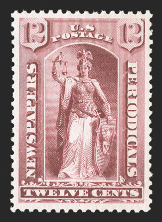 PR82, 12c Carmine, a post office fresh mint single in a quality which few Newspaper stamps can be found, luxuriant deep color and sharp impression on immaculate paper,
extraordinarily well centered within uncommonly wide margins, pristine o.g.