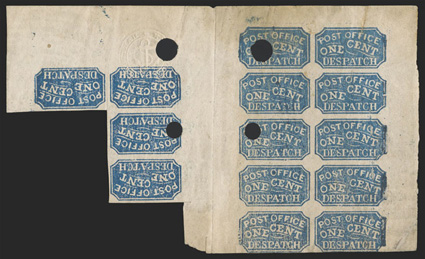 1LB3b, Baltimore, Md. 1c Blue, Tete-Beche Pair, gutter block of fourteen, with three tete-beche pairs, the right block contains the complete setting of ten types, the left
block Types 5, 7, 9-10, papermakers embossed seal, original gum, four pu