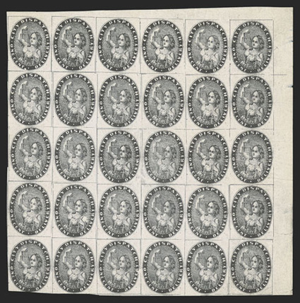 41L1, City Dispatch, Philadelphia, Pa., 1c Black, handsome unused top right corner margin block of 30, with mostly large margins on the other two sides, except where touching
at bottom left, a couple light creases and small faults in the wide ri