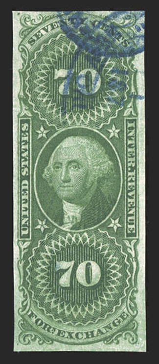 R65a, 70c Foreign Exchange imperforate, ample to mostly large margins all around, rich verdant color on fresh white paper, used with face-free blue handstamped cancel confined
to the upper right, very fine and attractive.
