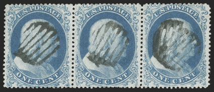 18, 1c Blue, Ty. I, used horizontal strip of three, strong color and impression, nicely centered, grid cancels, very fine a scarce multiple 2008 PF certificate.