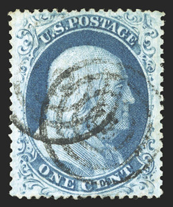 22, 1c Blue, Ty. IIIa, Plate 11, premium used example, extraordinarily well centered amid especially wide margins, sumptuously rich color and an excellent clarity of impression,
light target cancels, an extremely fine gem 1990 PF certificate.