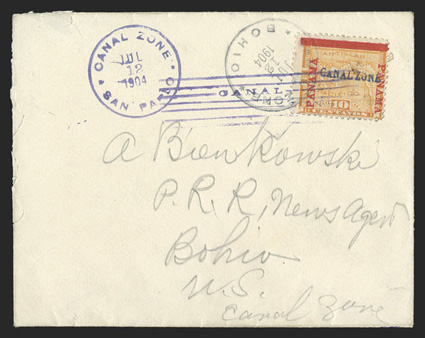 3, 10c Yellow, single tied by magenta San Pablo July 12, 1904 postmark on cover to Bohio, same day receiver also ties the stamp, cover opened a little roughly at left,
otherwise fresh and fine only three First Issue covers have been recor