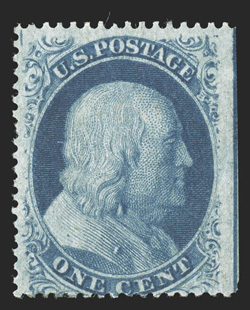 24 var., 1c Blue, Ty. V, with earring below ear, pos. 10L9, mint single with natural s.e. at right as always, rich color on fresh paper, o.g., l.h., fine and scarce 2006 PF
certificate.