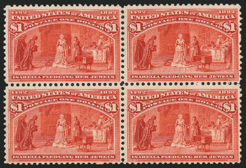 $1.00 Columbian (241).> Block of four, original gum, lightly hinged, rich fiery color, top right stamp tiny natural inclusion, Fine-Very Fine, an attractive and scarce block in fresh and sound
condition