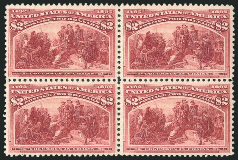 $2.00 Columbian (242).> Block of four, top pair lightly hinged, bottom pair imperceptibly hinged, appears Mint N.H., wonderfully fresh and exceptionally well-centered for a block of four<><>^VERY FINE AND
CHOICE. EASILY ONE OF THE FINEST SURVIVING