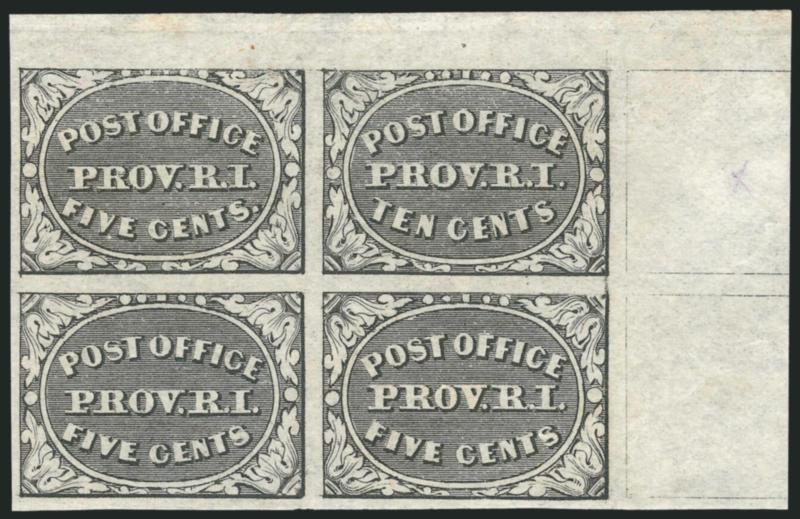 Providence R.I., 5c & 10c Gray Black, Se-Tenant (10X2a).> Block of four, top right stamp 10c, large to huge margins incl. top right corner sheet margin, unused (no gum), Extremely Fine, with 2000 P.F.
certificate