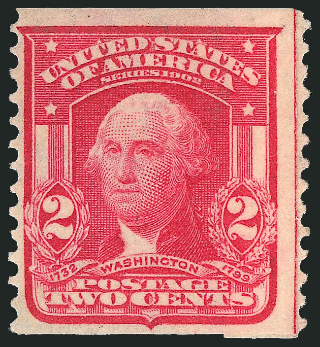 2c Carmine, Coil (322).> Guide line at right with paste-up tab beneath, ample to wide margins other sides, bright color<><>^FRESH AND FINE ORIGINAL-GUM EXAMPLE OF THE 2-CENT 1908 HORIZONTAL COIL.^<><>Issued on
July 31, 1908, and intended only for