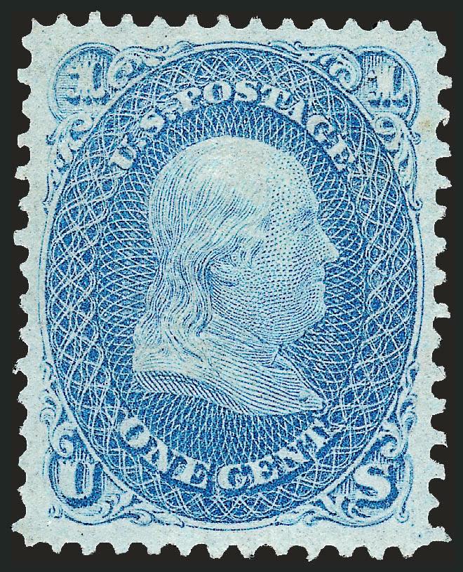 1c Blue, F. Grill (92).> Unused (no gum), magnificent margins and centering, bright color, sharp impression<><>^EXTREMELY FINE GEM. THIS IS THE ONLY UNUSED 1868 ONE-CENT F GRILL TO RECEIVE THE LOFTY GRADE OF
SUPERB 98 FROM P.S.E. (WITH NONE HIGHER)