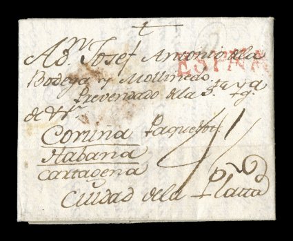 1783 Madrid, Spain inbound entire folded letter, very early transoceanic letter to Ciudad dela Plata (Sucre) with red Espana straight line handstamp, marked in ms. Paquebot
with the routing instruction to go via Corunna (Spain), Havana (Cuba)