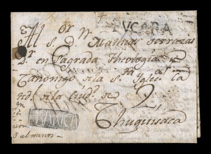 Pvcara black straight line handstamp, Department of Santa Cruz, attractive clear strike on 1804 entire folded letter to Chuquisca, bearing a lovely matching boxed Franca
negative handstamp, rated with ms. 2 reales, the entire letter consist