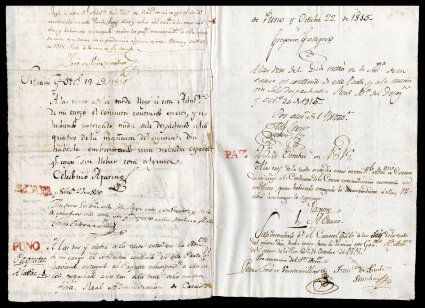 1815 Postal receipt for letters carried between Lima, Peru and Oruro, Bolivia, carried by Don Francisco de Paula Sanchez who received a total of twelve letters to be delivered
to Guancavelica, Huanta, Guamanga, Abancay, Cuzco, Puno, La Paz and Or