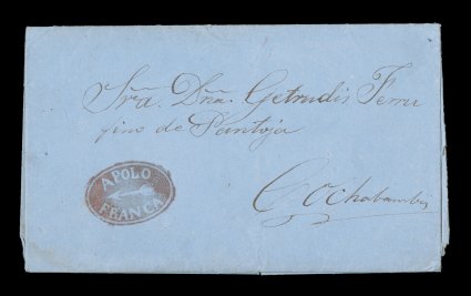 ApoloFranca red negative handstamp, Department of La Paz, a gorgeous and exceptionally rare marking from this small post office with an illustration of an arrow in the center,
on 1864 entire folded letter to Cochabamba, Paz d Ayacucho oval t