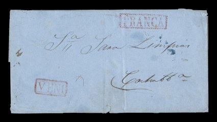 Veni red boxed handstamp, Department of Beni, attractive and rare handstamp with rope frame around both the Veni handstamp and the matching Franca handstamp, on 1865 entire
folded letter to Cochabamba, letter is datelined at the small town