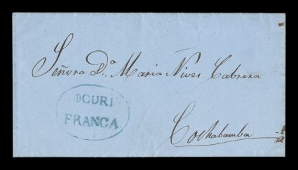 OcuriFranca blue oval handstamp, Department of Potosi, an exceptionally rare postmark of this small town on 1864 entire folded cover to Cochabamba, datelined Maragua, the
marking is well struck and the letter is fresh, choice very fine.