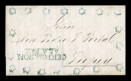 CertcacionA La. Paz blue two line registration handstamp, Department of La Paz, the perfect mate to the previous cover, this being in blue ten years later in 1862 to Jujuy,
Argentina, this cover has eighteen stars surrounding the border and la
