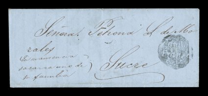 TarataFranca black negative handstamp, Department of Cochabamba, handsome and exceptionally rare example of this round negative postmark, on 1863 entire folded letter to
Sucre, datelined at the small village of Punata, very fresh and attractiv