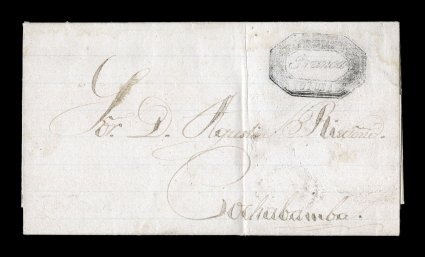 FrancaTotora black octagonal handstamp, Department of Cochabamba, a most unusual ornate octagonal postmark with negative inner panel around, on petite 1864 entire folded
letter to Cochabamba, very fine a remarkably rare pre-stamp marking that