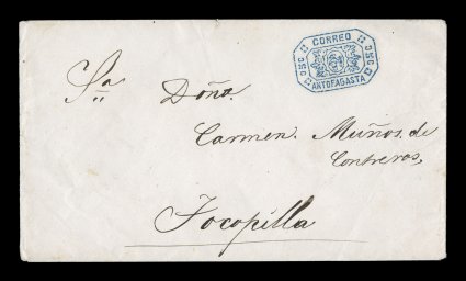 CorreoAntofagasta5c blue ornate octagonal frank, Department of Litoral, a gorgeous strike of this fancy postmark that clearly shows a tiny condor, llama and mountain in the
small center oval, on pristine cover to Tocopilla, a post office also