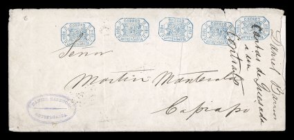 CorreoAntofagasta10c blue ornate octagonal frank, Department of Litoral, an amazing five strikes of this rare frank on legal size cover to Copiapo, Chile, all the markings are
exceptionally well struck, the cover is in rather poor condition l