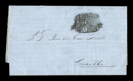 FrancaPampa Grande black fancy postmark, Department of Santa Cruz, especially attractive marking with each word partitioned off vertically with the Franca being in a ribbon at
top, on 1871 entire folded letter to Cochabamba, datelined Santa
