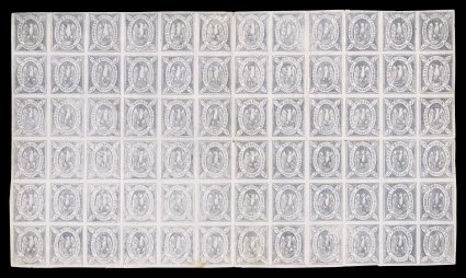 3, 1867 5c Violet, the amazing unique complete mint sheet of 72, exceptionally well preserved for this large format sheet with large margins all around, possessing an
attractive grayish lilac shade and clean impression, original hand applied gum