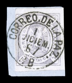 3, 1867 5c Violet, attractive single tied to piece by exceptionally clear and beautiful strike of Correo. de La PazRB1 Diciem. 67 double-circle postal c.d.s., this is the
earliest recorded usage of this stamp establishing, as many other