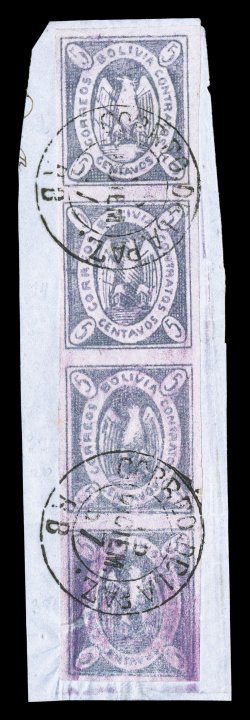 3, 1867 5c Violet, well margined vertical strip of four, positions 2, 14, 26, 38, postally used and tied to piece by two strikes of Correo. de La PazRB16 Diciem. 67
double-circle c.d.s., strong color and showing an interesting phenomena of t