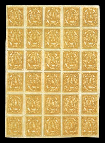5, 50c Yellow, full sheet of 30 in a lovely intense golden yellow color, wide margins all around, o.g., with minor flecks of light gum toning, light horizontal fold between
the the two center rows and a few edge flaws in the margins only, a very