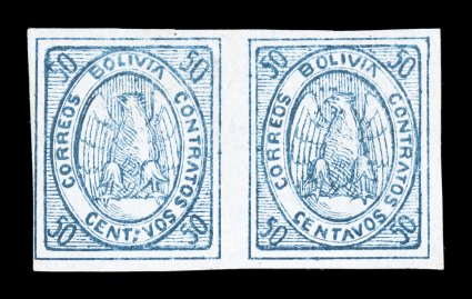 6, 1867 50c Blue, unused horizontal pair of this key value of the Condor series, positions 24-25, clear to large margins all around, bright fresh color, small thin in the left
stamp, otherwise very fine despite the small fault that does not det