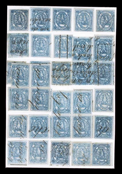 6, 1868 50c Blue, an important and rare used plate reconstruction of this rare Condor value, included in this are three blocks of four which represent the only recorded used
multiples of the 50c Blue, positions 9-1014-15, 11-1216-17 and 18