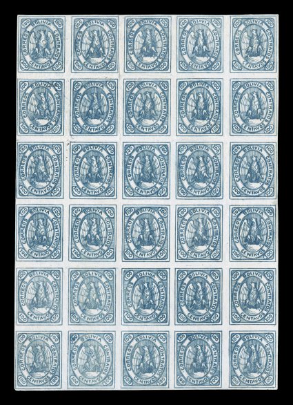 7, 1867 100c Dark blue, full sheet of 30 possessing this scarcer shade, the bottom left block of four is a more grey blue and may be a bit faded though the color of this value
does vary within the same sheet, well clear margins all around, fresh