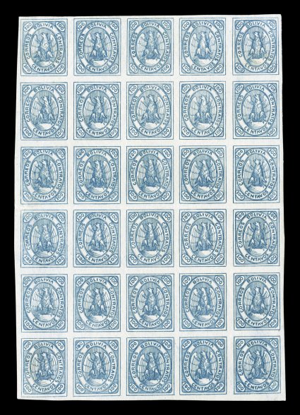 7, 1867 100c Gray blue, complete sheet of 30 in an attractive and fresh lighter shade of blue, margins are large all around, o.g., h.r. in the corners with small thin in the
top left stamp, usual horizontal fold between the two center rows, othe