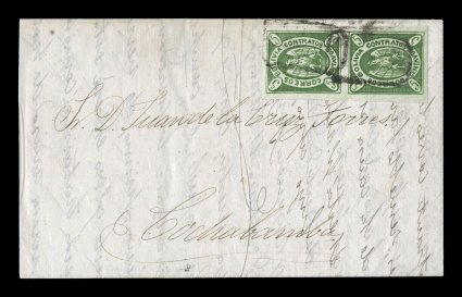 1867 5c Yellow green, original plate, second state, a magnificent vertical pair in a brilliant yellow green color with razor-sharp impression, positions 113, lovely large
balanced margins all around, tied to neat 1867 entire folded letter to Coc