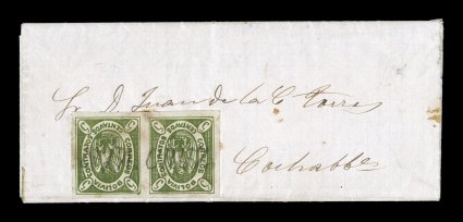 1867 5c Yellow green, original plate, second state, horizontal pair, positions 41-42, on petite 1867 entire folded letter to Cochabamba, centrally struck straight line Sta.
Cruz strongly impressed handstamp that shows on the interior of the cov