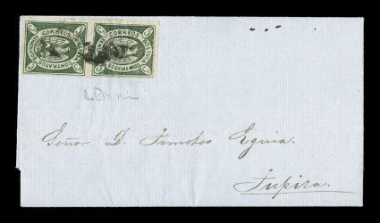 1867 5c Green, original plate, third state, vertical pair, positions 618, three large margins and well clear at right, sharp impression and clear green color, on entire 1867
letter of August 2nd to Topiza, pair cancelled with indistinct Sucre