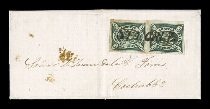 1867 5c Green, original plate, third state, vertical pair, positions 3951, deep green color , well clear to mostly large margins, on entire folded letter of January 25, 1868
to Cochabamba, bold black Sta. Cruz straight line handstamp centrally