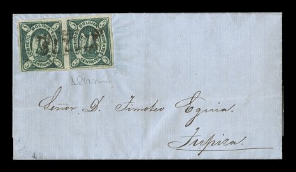 1867 5c Green, first re-engraving, horizontal pair, positions 41-42, just clear to large margins, on similar entire folded letter of the same correspondence dated November 10,
1867, to Tupiza with central Sucre black handstamp which impresses t