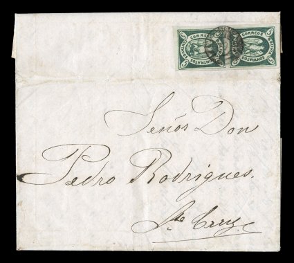 1867 5c Green, second re-engraving, attractive vertical pair, positions 1224, lovely large full margins all around and intense bluish green color, on the reverse of entire
folded letter datelined Trinidad, November 15, 1868 to Santa Cruz, cancel
